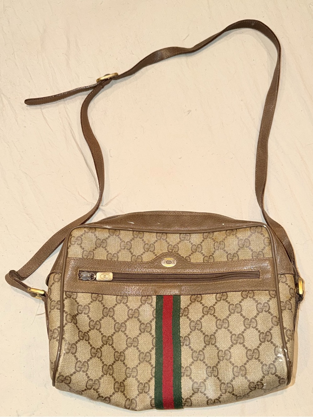 Gucci Brown and Beige GG Canvas Crossbody with Signature Web